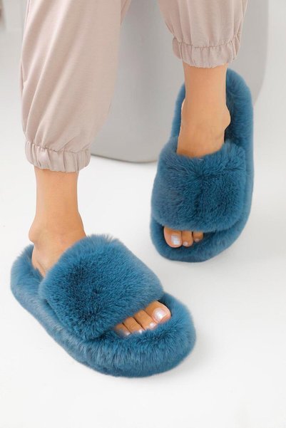Women's Petrol Blue Extra Soft Furry House Slippers 3cm Bynd01