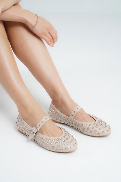 Women's Beige Disco Stone Buckle Leather Ballerinas Bynddsc02