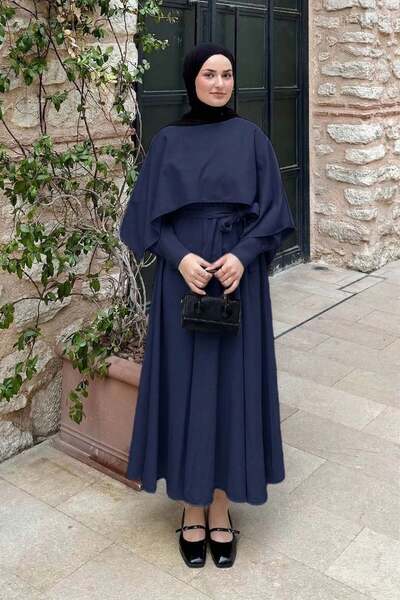 Cape Detailed Dress Navy Blue