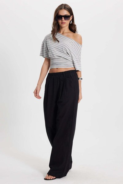 Women's relaxed fit 100% cotton black linen pants with elastic waistband and pleats