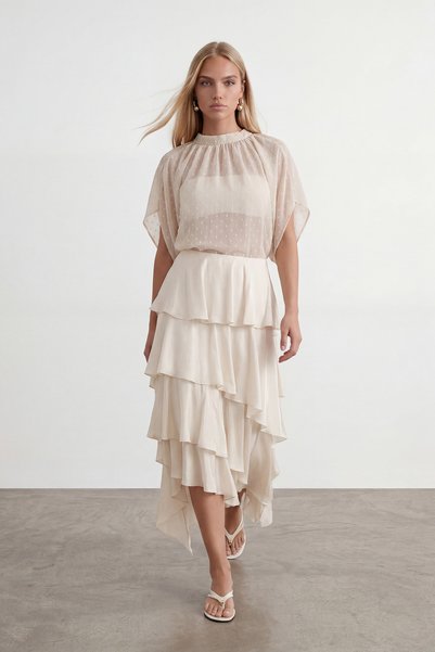 Women's beige stand collar tie-up chiffon blouse with draped detail alc-x15480