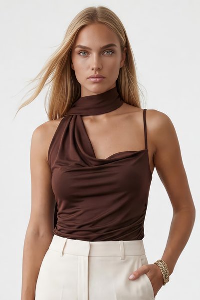 Women's brown scarf detailed low neck sandy blouse alc-x15488