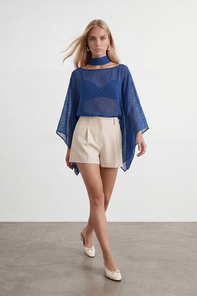 Cobalt Blue Boat Neck Scarf Detailed Chiffon Blouse Alc-X15493