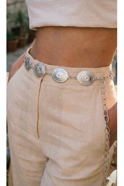 Papatya Silver Detailed Women's Waist Chain Belt, Dress Belt, Skirt Belt, Trouser Belt