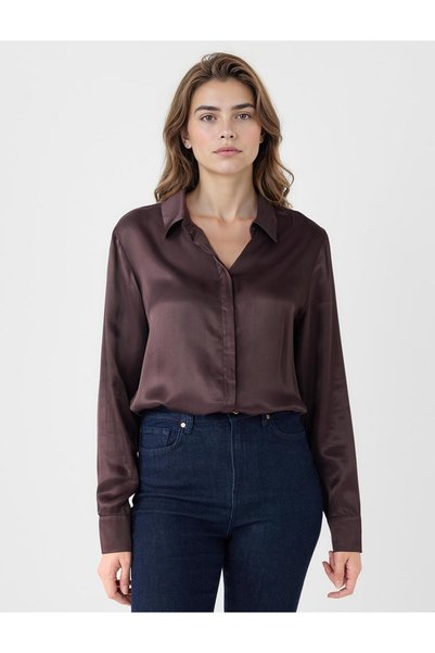 Bitter Brown Long Sleeve Relaxed Fit Satin Shirt