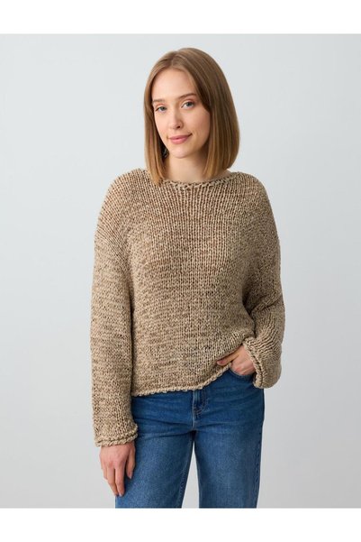 Beige Straight Cut Boat Neck Knitwear Sweater