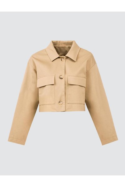 Camel Hair Straight Cut Shirt Collar Long Sleeve Gabardine Jacket