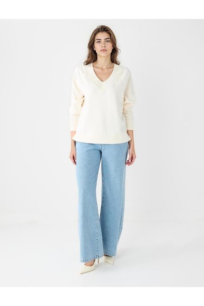 Ecru Long Sleeve V-Neck Knitted Modal Sweatshirt