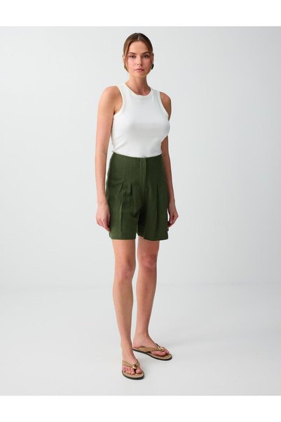 Khaki Linen Blend High Waist Woven Shorts