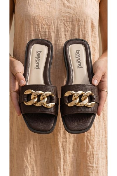 Women's Brown Chain Leather Slippers 1cm Byndst01