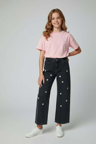 100% Cotton Daisy Embroidered Elastic Waist Girls' Trousers