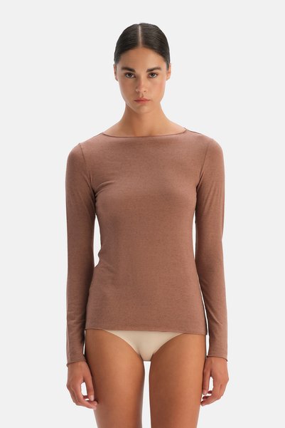 Mocha Modal Cashmere Boat Neck Long Sleeve Top