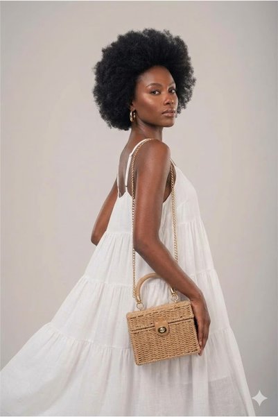 Camel Wicker Woven Hand Clutch and Shoulder Bag - Gold Chain Strap Square Box Bag 19X14X8