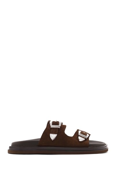 Women's Brown Double Buckle Suede Leather Slippers 26Sfd271810