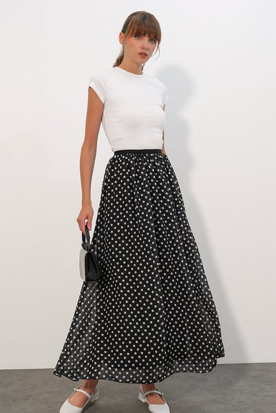 Women's Long Polka Dot Skirt 8080 - Black
