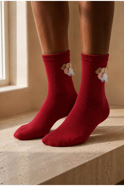 Women's Teddy Patterned Socks Burgundy