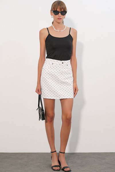 Women's Polka Dot Mini Denim Skirt 8086 - White