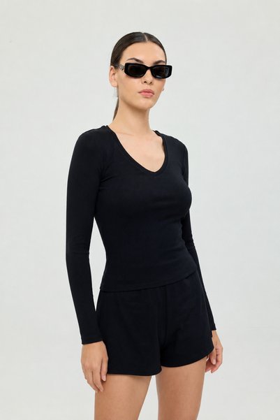Soft Rib V-Neck Blouse Black
