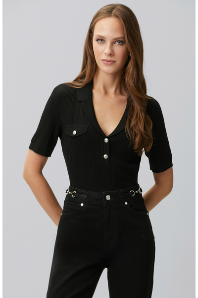Black V Polo Collar Buttoned Short Sleeve Sweater