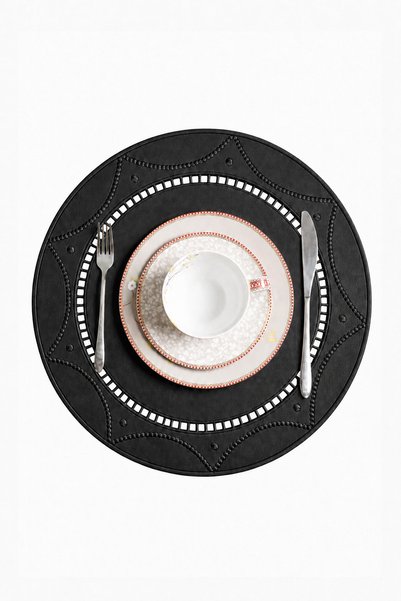 Embroidered Leather American Service Set of 2 Double-Sided Round Placemats 42X42 cm Bianca Black