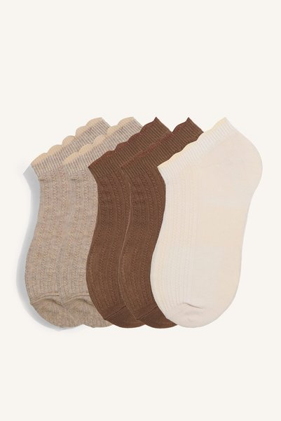 Women's Set of 5 Wavy Edge Ribbed Cotton Booties Socks E2119Axns