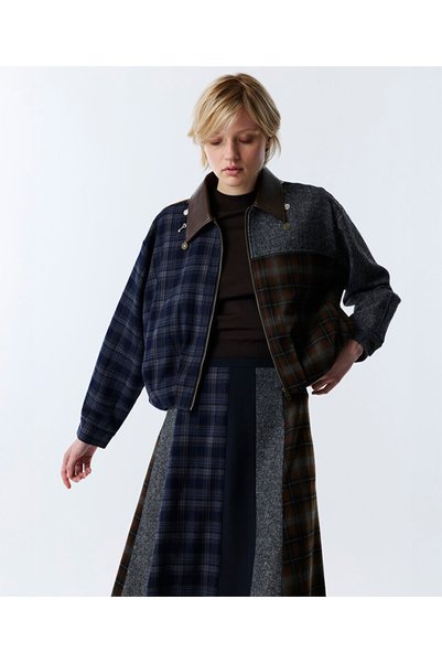 PLAID PATTERN MIX CONTRAST COLLAR JACKET