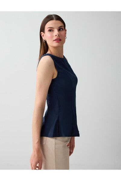 Navy Blue Straight Cut Crew Neck Sleeveless Woven Blouse