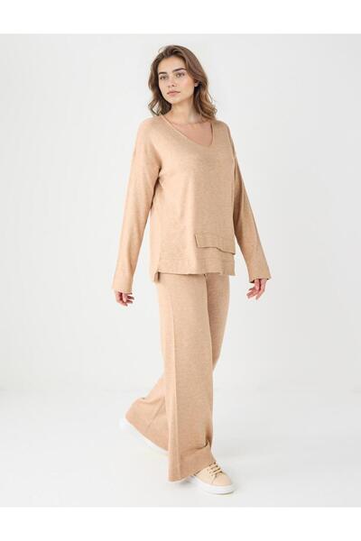 Beige Melange High Waist Wide Leg Elastic Waist Knitwear Trousers