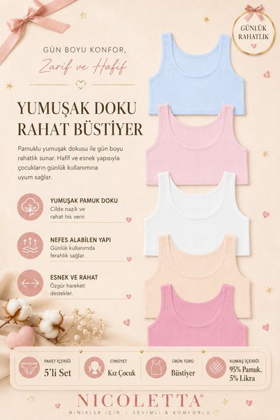 Girl's Bustier Wide Strap 5-Pack Lycra Ribbed Camisole