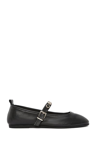 Women's Black Buckle Shoes, Leather Ballerinas 26Pfd200118