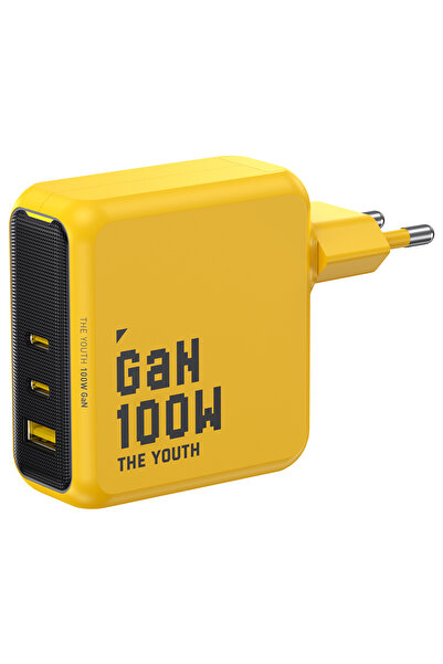 Youth адаптер за полнење со 3 порти, полнач од 100W, GaN станица за брзо полнење, жолта
