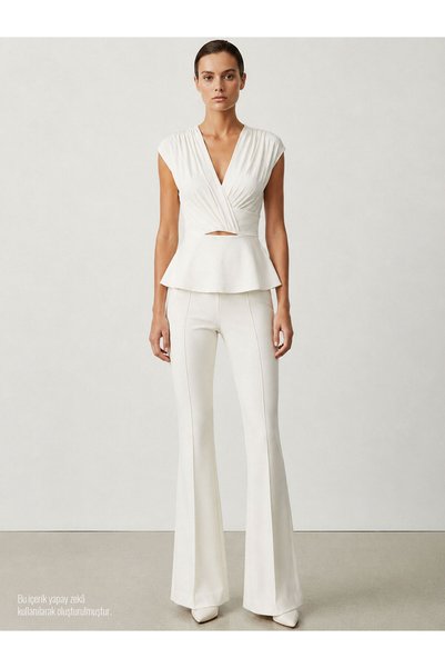 Ribbed Stitched Flare Pants - Ecru