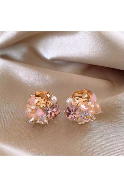 Salmon Color Crystal Stone and Pearl Flower Earrings