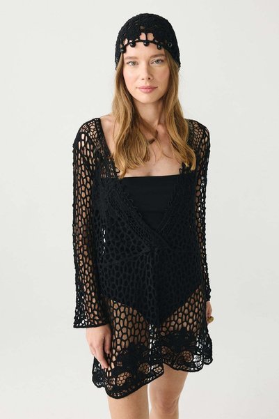 Bead Detailed Summer Knitted Beanie Y8237 Black