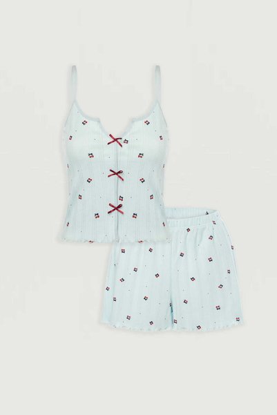Women's Ribbed Knit Strappy Baby Overlook and Bow Detail Shorts Set