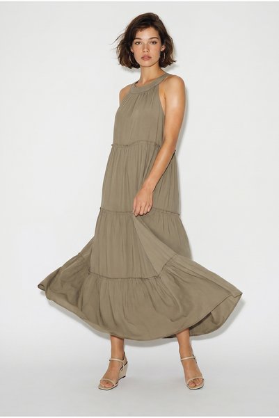 Women's Khaki Halter Collar Layered Detailed Modal Maxi Dress 4852 60286367
