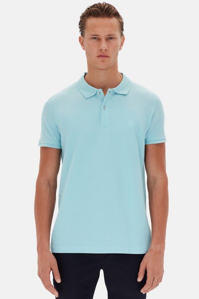 Ds Damat Regular Fit Aqua 100% Cotton Long Lasting Non-Curling Polo Collar Embroidered T-Shirt