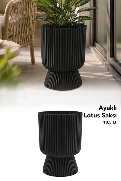 Decorative Lotus Flower Pot with Stand - Plastic Indoor and Outdoor Use Flower Plant Pot 10.5Lt Black