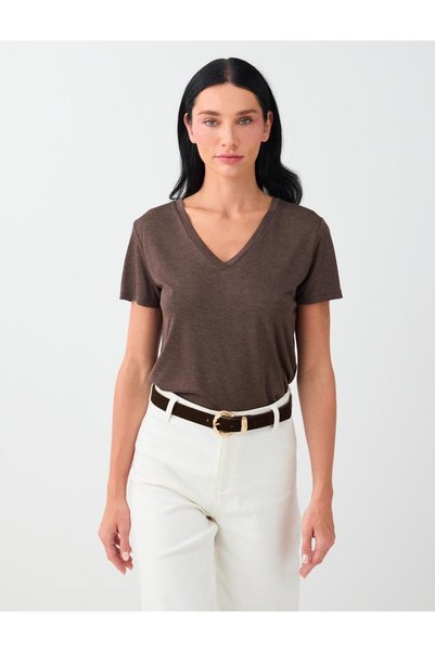 Bitter Brown Straight Cut V-Neck Modal Basic T-Shirt