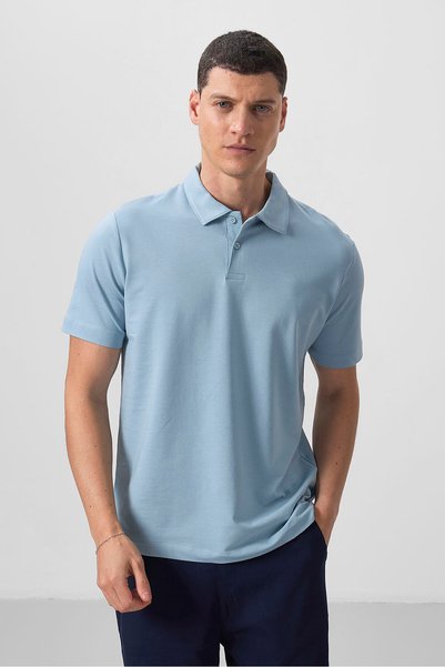 Ice Blue Standard Fit Basic Polo Neck Men's T-Shirt - 87768