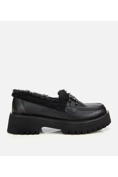 Women's Black Fur Buckle Thick Sole Casual Loafer