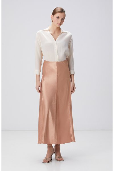 Limited Apricot Maxi Satin Skirt with Stitching Detail
