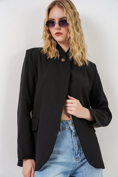 Women's Single Button Oversize Blazer Jacket 0749 - Black