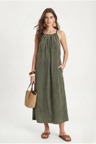 Women's Adriana Halter Collar Pleated Pocketed Long Vintage Pattern Woven Khaki Dress