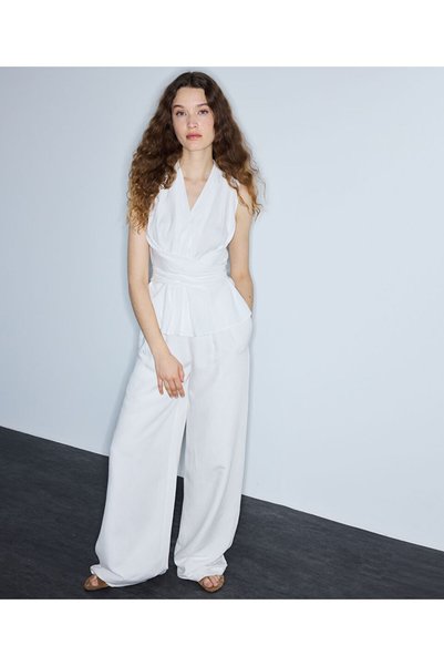 Wide Leg Fit Pants with Linen Content