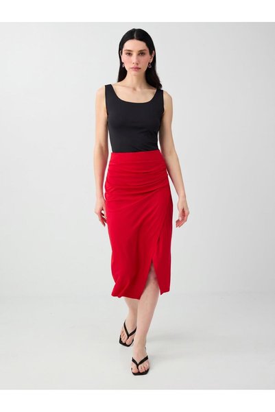 Red Slit Detail Draped Midi Knitted Skirt