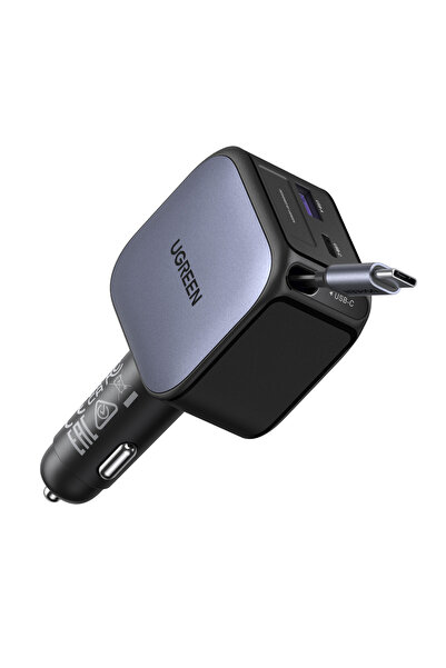 90W USB-C брз полнач за автомобил со вграден кабел на извлекување, 2x USB-C, 1x USB-A приклучок,
