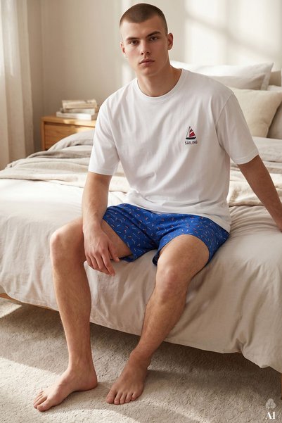 Men's Cotton Blue Printed Pajama Set with Pocketed Shorts