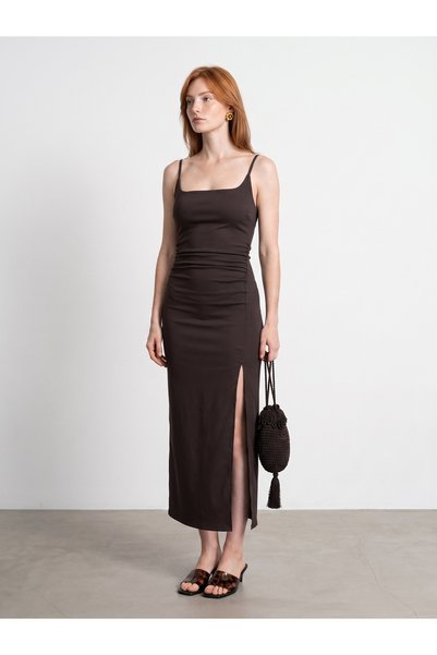 91712 Square Neck Gathered Midi Dress-Dark Brown
