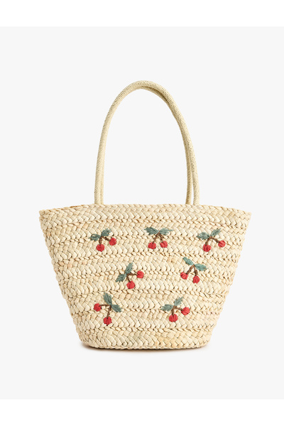 Cherry Embroidered Straw Tote Bag